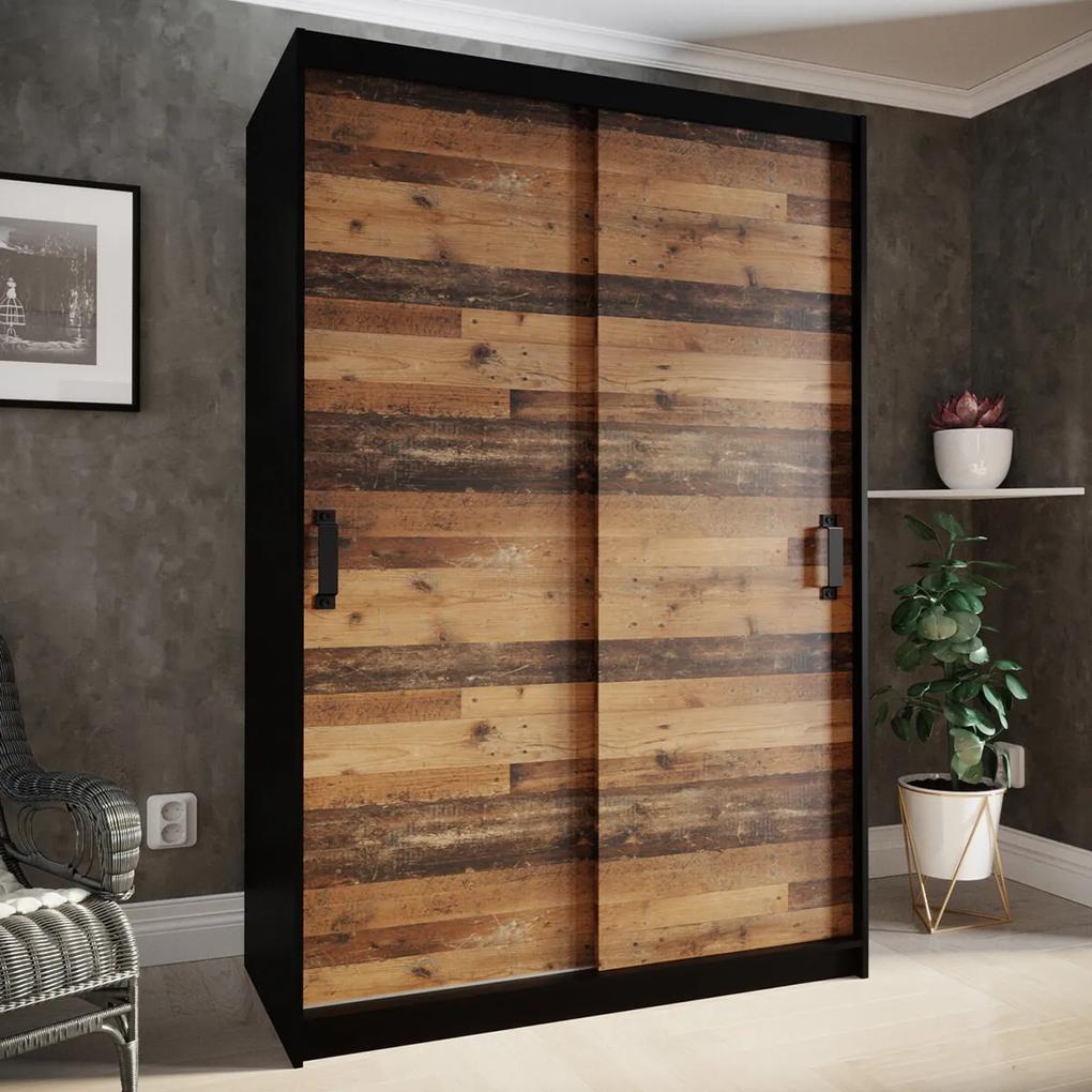 Ντουλάπα Hartford 219, Μαύρο, Παλαιωμένο χρώμα ξύλου, 200x130x45cm, Πόρτες ντουλάπας: Ολίσθηση