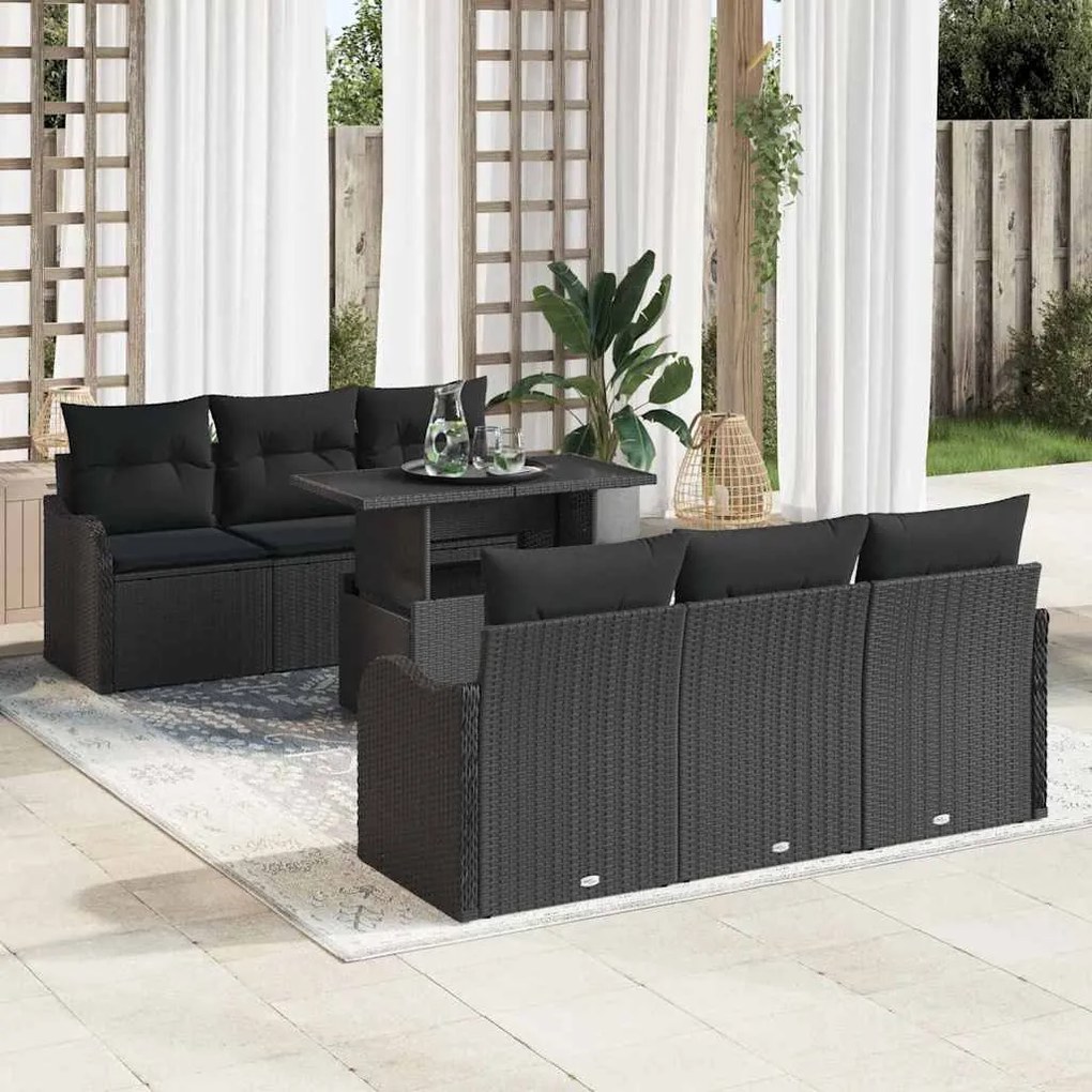vidaXL Σετ Καναπέ Κήπου με μαξιλάρι 7 pcs Μαύρο Πολυ ράταν