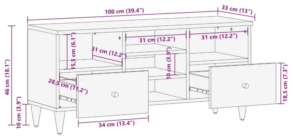 Έπιπλο Τηλεόρασης 100 x 33 x 46 εκ. από Μασίφ Ξύλο Μάνγκο - Καφέ