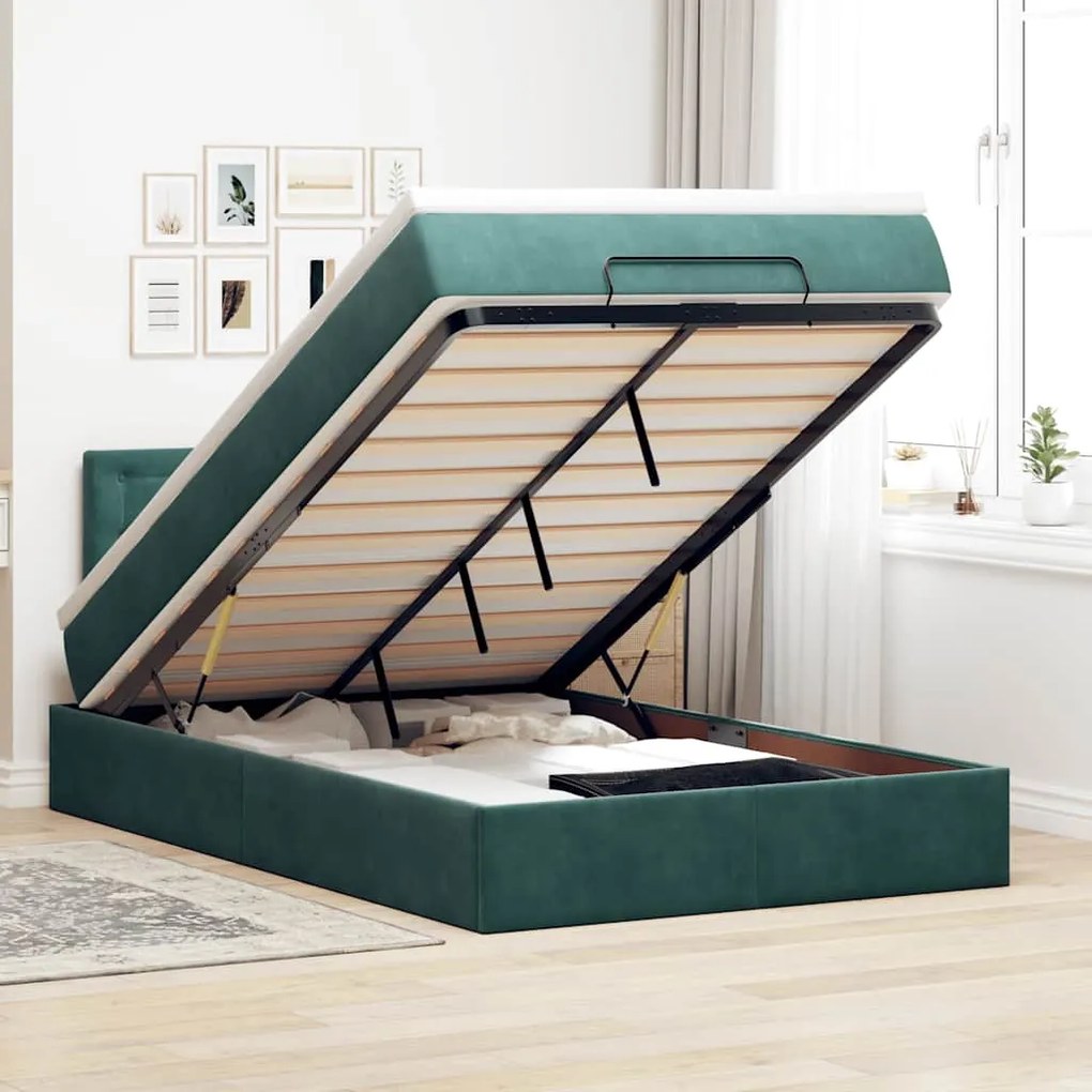 vidaXL Οθωμανικό κρεβάτι με στρώμα &amp; LEDs Dark Green 120x200cm Velvet