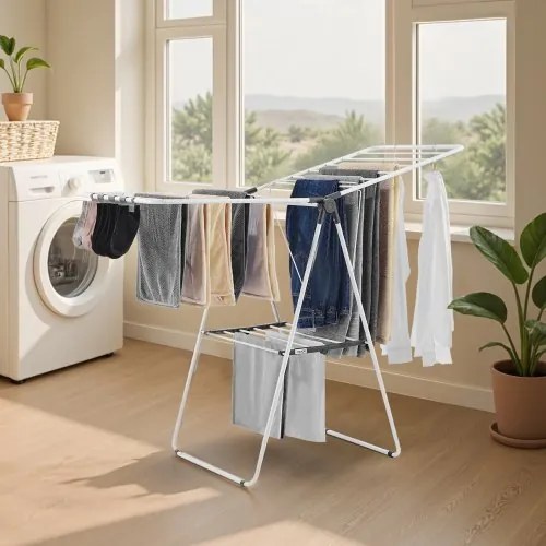 VEVOR 2-Tier Foldable Clothes Drying Rack with Sock Clips & 21 Drying Rods White