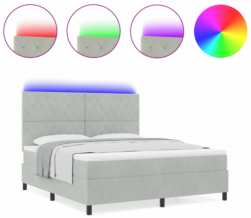 vidaXL Κρεβάτι Box Spring με Στρώμα & Φωτισμό LED Γκρι 180x200 εκ. Βελούδο