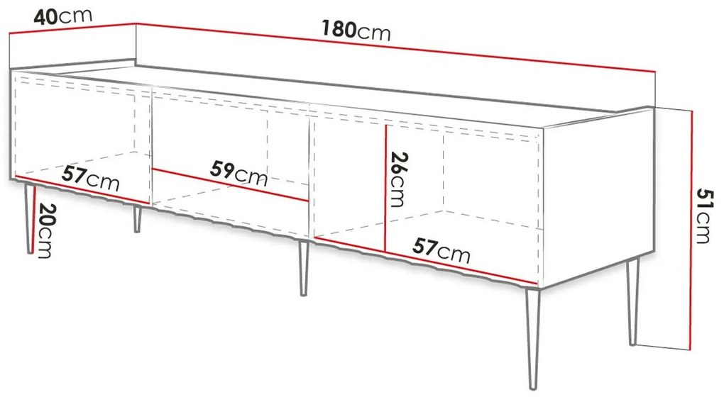 Τραπέζι Tv Merced B127, Γυαλιστερό μαύρο, Μαύρο, Ο αριθμός των θυρών: 3, 180x51x40cm, 31 kg | Epipla1.gr