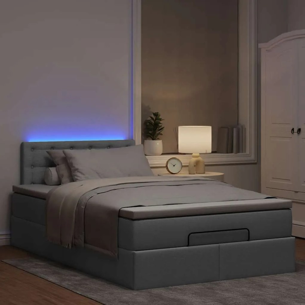 Οθωμανικό κρεβάτι με στρώμα & LEDs Ανοιχτό γκρι Ύφασμα