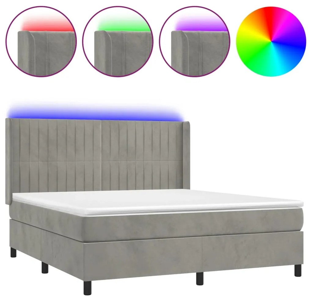 vidaXL Κρεβάτι Boxspring με Στρώμα & LED Αν.Γκρι 180x200 εκ. Βελούδινο