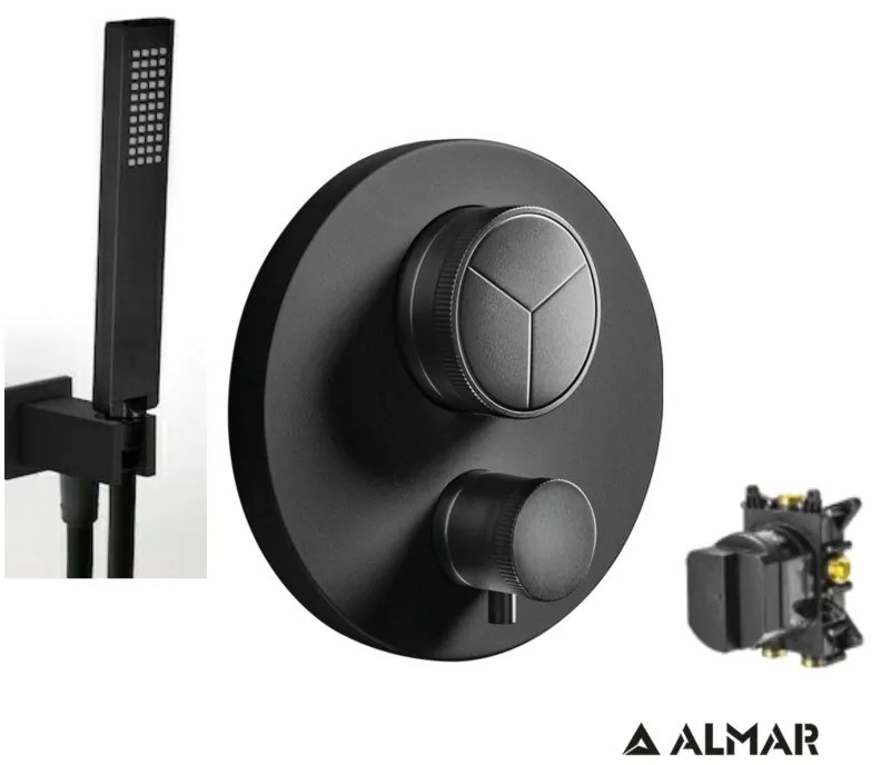 Almar Black matt Παροχή νερού+Thermo-Core Push Θερμοστατικός μίκτης εντοιχισμού 3 εξόδων+κιτ εντοιχισμού