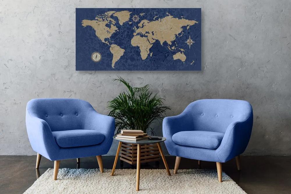 Εικόνα παγκόσμιου χάρτη με πυξίδα σε ρετρό στυλ σε μπλε φόντο