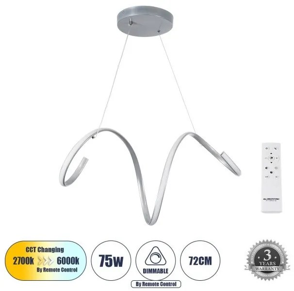 Κρεμαστό Φωτιστικό SPIRALE LED CCT 75W Αλουμίνιο 8400lm Globostar-61285-Ασημί 61285