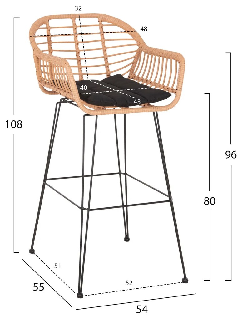 Σκάμπο Μπαρ Ψηλό Allegra Μπεζ P.E. Rattan-Μαύρο Μεταλλο 54x55x108Yεκ.