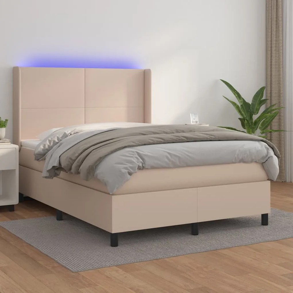 vidaXL Κρεβάτι Boxspring Στρώμα&LED Καπουτσίνο 140x190 εκ. Συνθ. Δέρμα