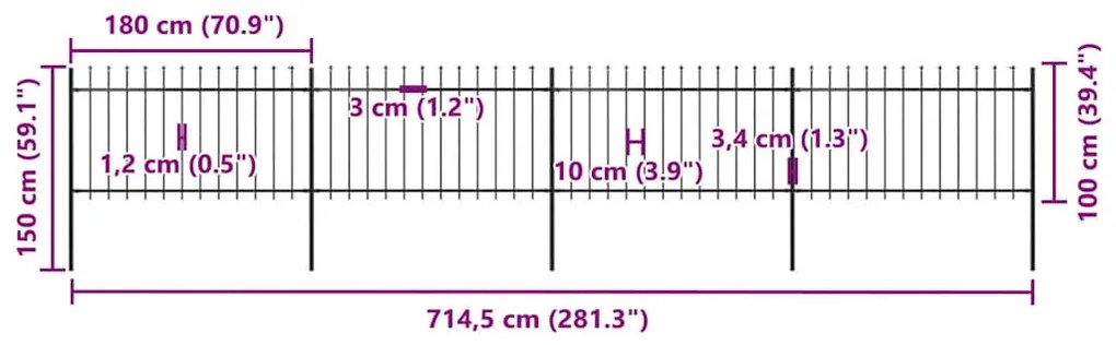 vidaXL Κάγκελα Περίφραξης με Λόγχες Μαύρα 6,8 x 1 μ. από Χάλυβα