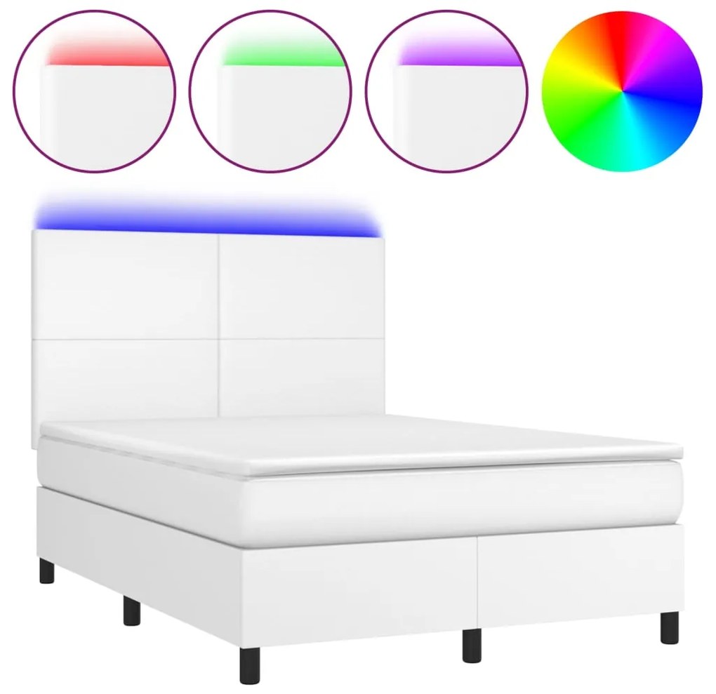 vidaXL Κρεβάτι Boxspring με Στρώμα & LED Λευκό 140x190 εκ. Συνθ. Δέρμα