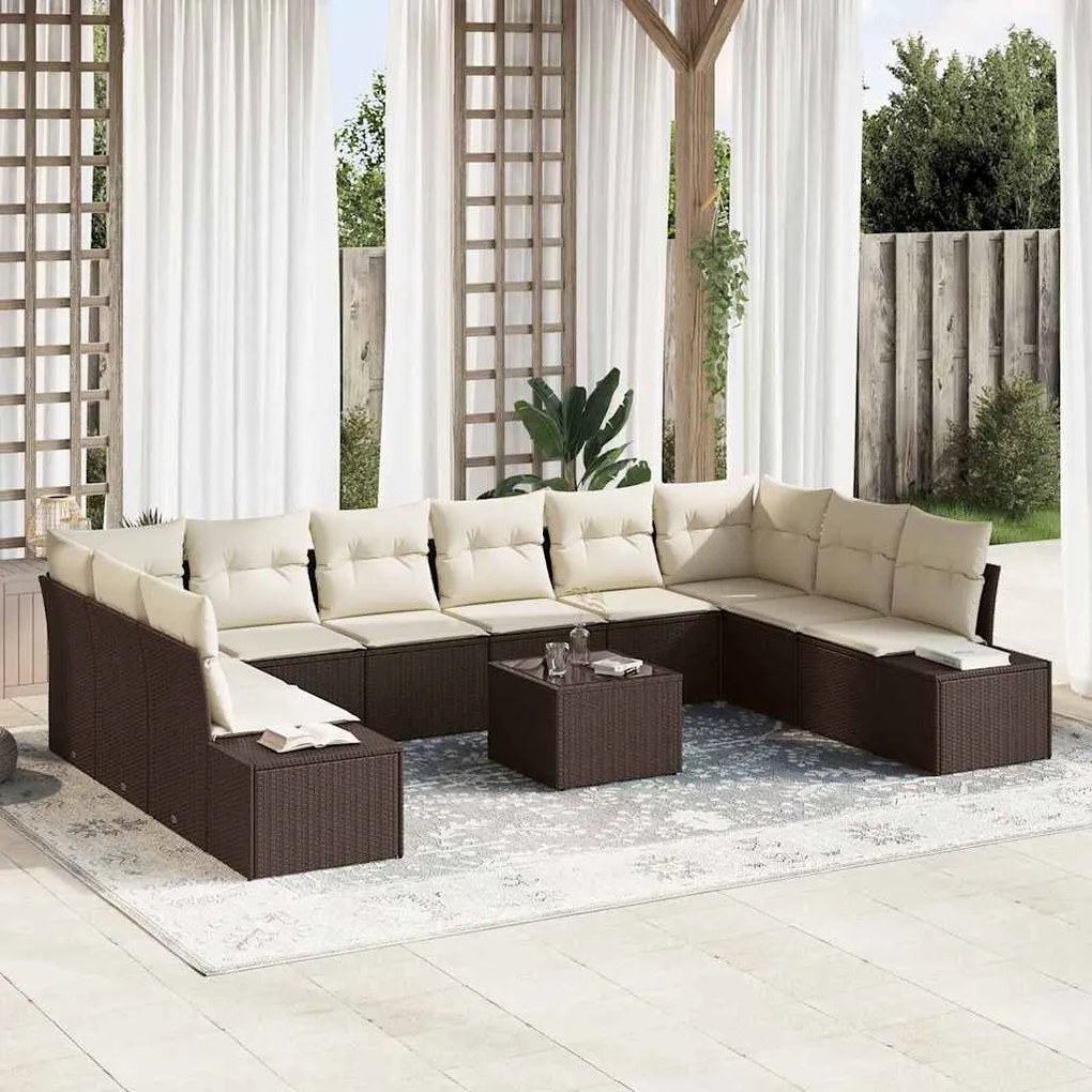 vidaXL Σετ Καναπέ Κήπου με μαξιλάρι 11 pcs Καφέ Πολυ ράταν