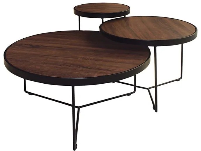 BOB Σετ 3 Τραπεζάκια Σαλονιού Καθιστικού, Μέταλλο Βαφή Μαύρο - Καρυδί