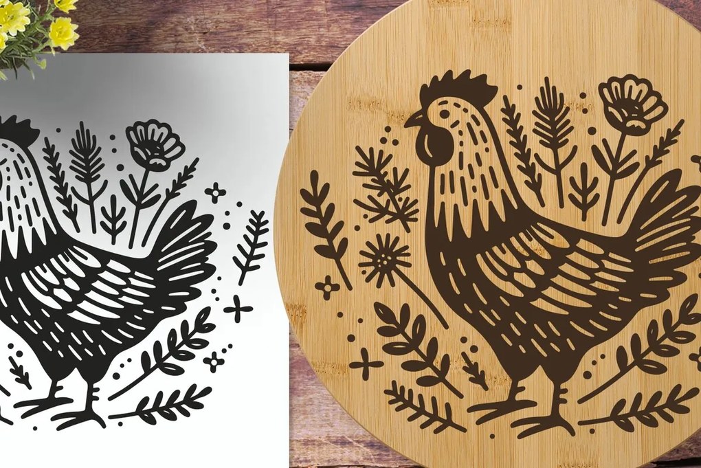 Σετ των 2 Intra απο ξύλο plywood 3mm-4mm πάχος Κοτόπουλο με λουλούδια χαραγμένο με λέιζερ Δίασταση 30x20 cm INTRAFABR-124848879