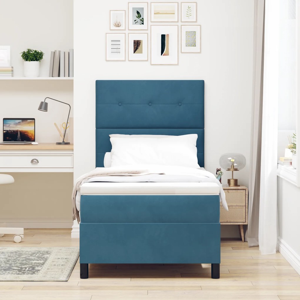 vidaXL κρεβάτι Box Spring με στρώμα & LED σε σκούρο μπλε 90x190 εκ. από βελούδο