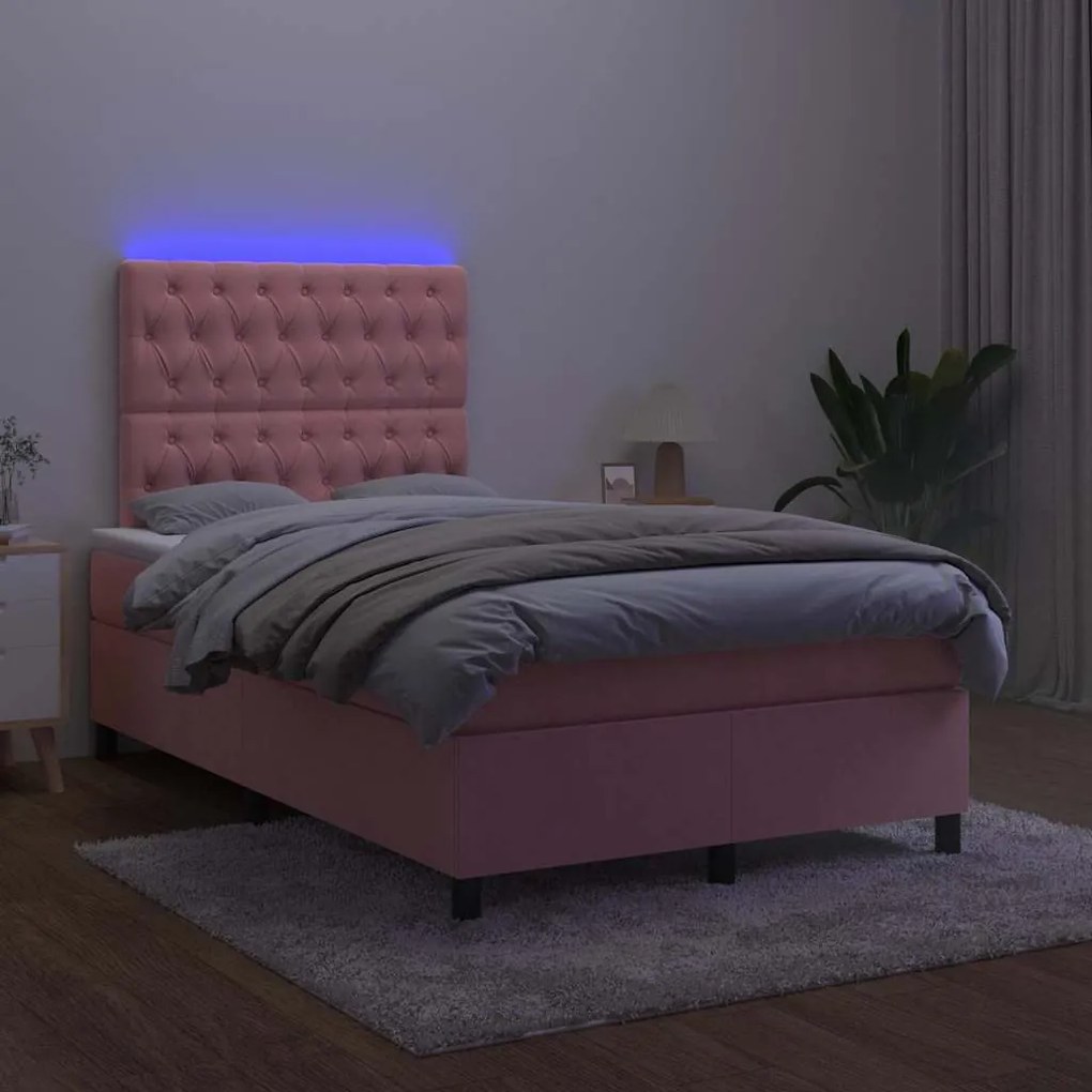 vidaXL Κρεβάτι Boxspring με Στρώμα &amp; LED Ροζ 120x190 εκ. Βελούδινο