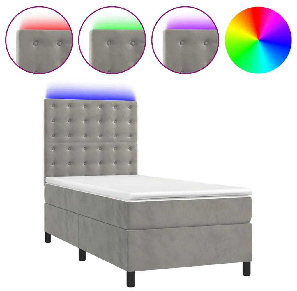 vidaXL Κρεβάτι Boxspring με Στρώμα & LED Αν.Γκρι 80x200 εκ. Βελούδινο