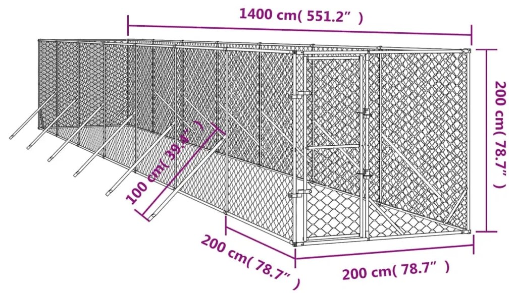 vidaXL Κλουβί Σκύλου Εξωτερ. Χώρου Ασημί 2x14x2 μ. από Γαλβαν. Ατσάλι