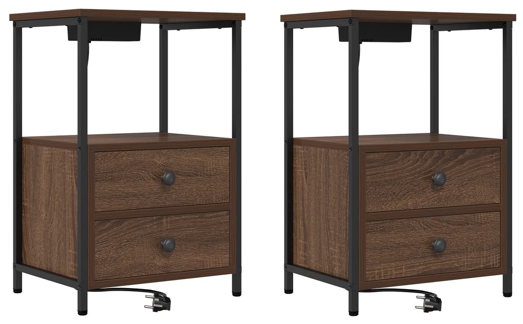 vidaXL Κομοδίνο με Σταθμό Φόρτισης 2 pcs Καφέ δρυς Επεξεργασμένο ξύλο