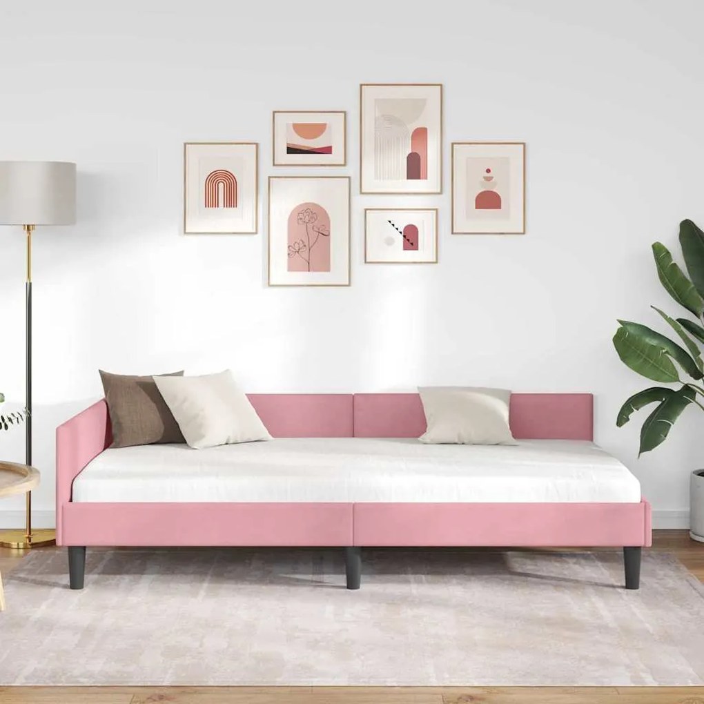 vidaXL Πλαϊνό Κρεβάτι Ροζ 90 x 190 cm Βελούδο και Στιβαρή ξυλεία
