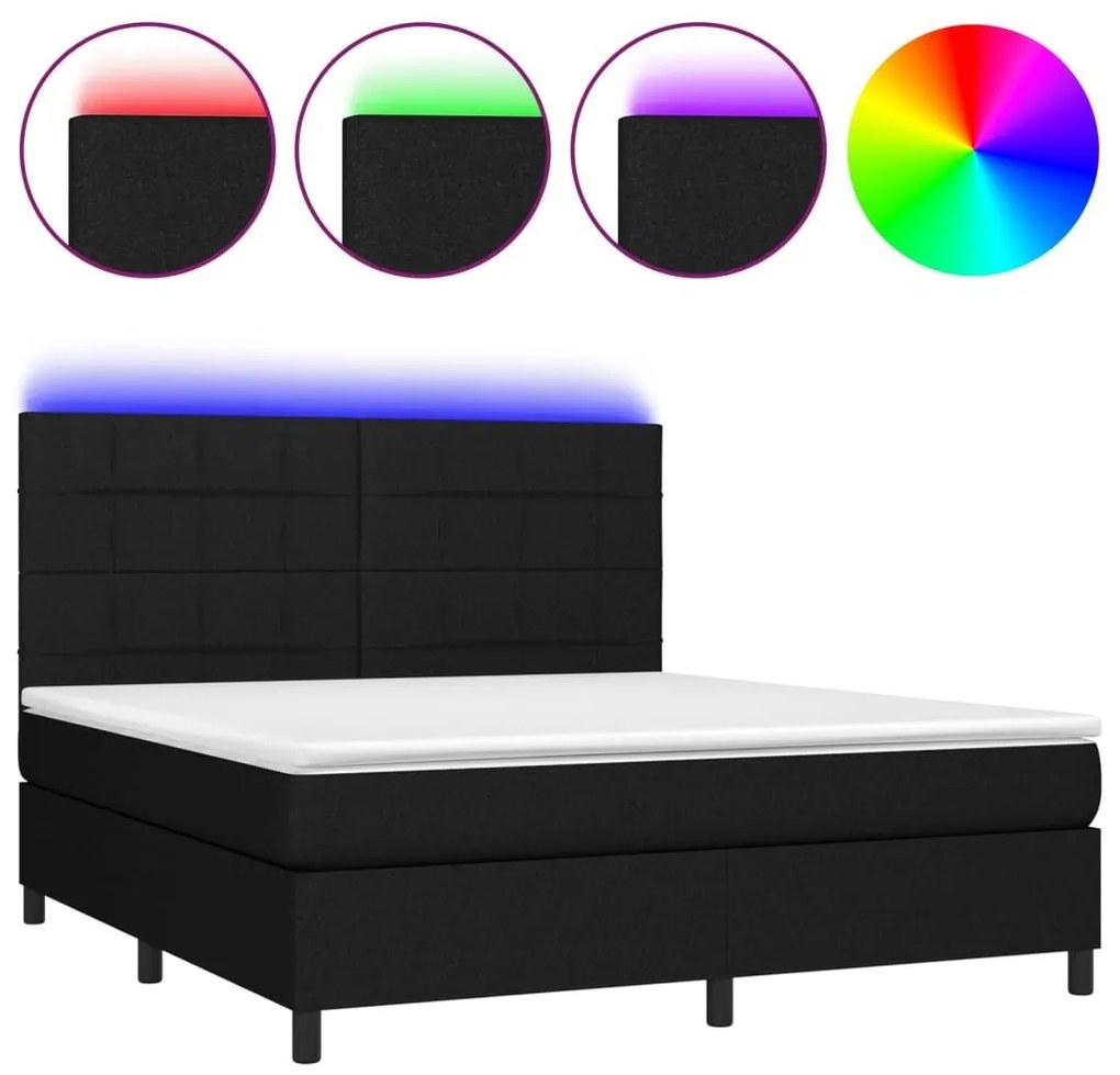 Κρεβάτι Boxspring με Στρώμα &amp; LED Μαύρο 180x200 εκ. Υφασμάτινο - Μαύρο