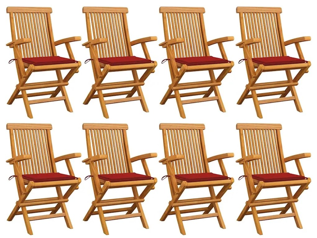 vidaXL Καρέκλες Κήπου 8 τεμ. από Μασίφ Ξύλο Teak με Κόκκινα Μαξιλάρια