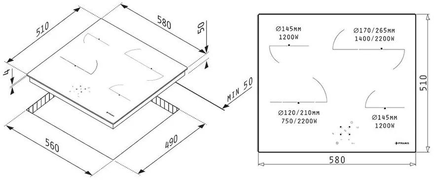 Εστία κεραμική Pyramis Αφής Μπιζουτέ PHC61611BFB 58x51x5 εκ.