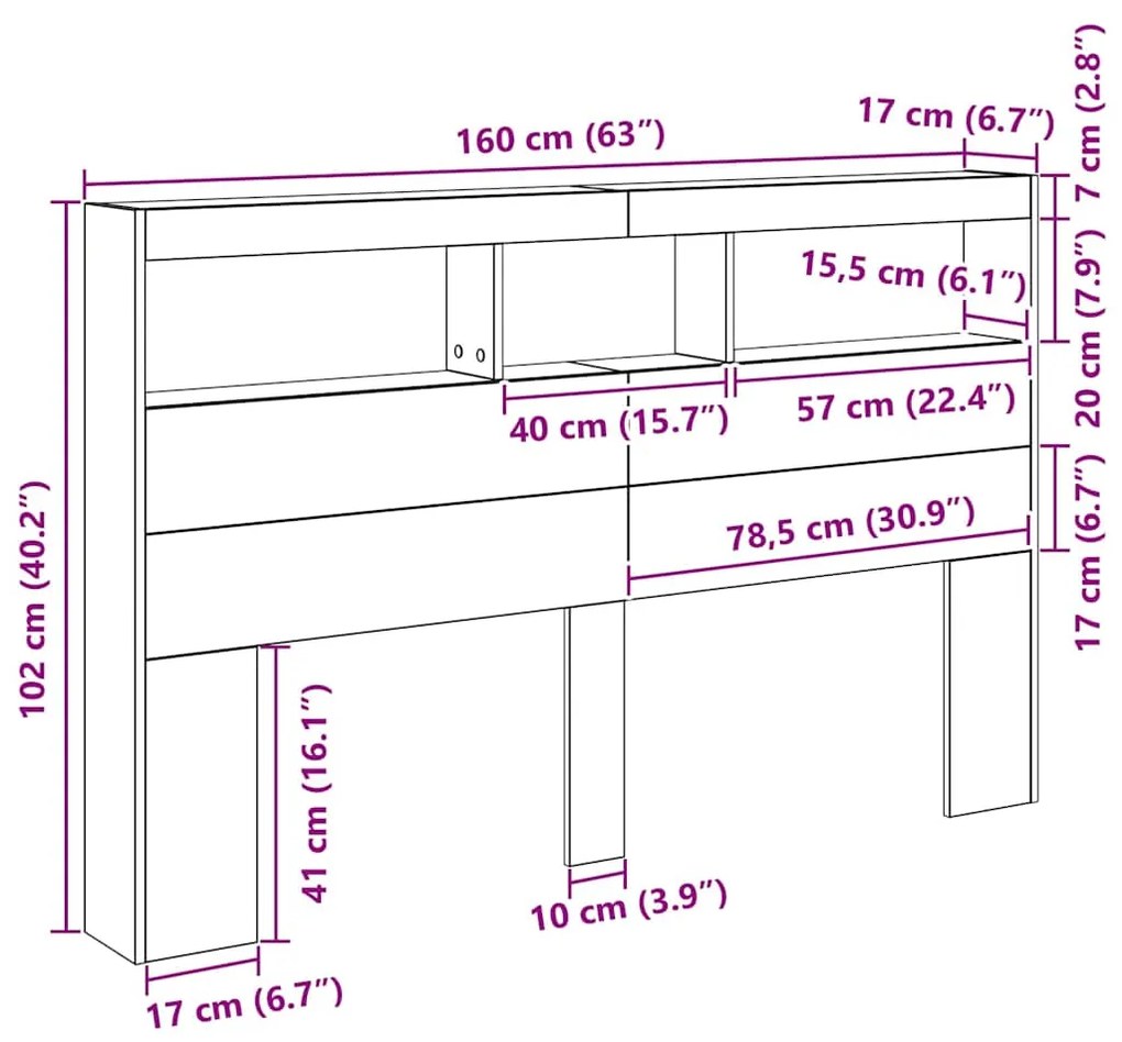 Κεφαλάρι με Αποθηκευτικό Χώρο &amp; LED 160x17x102 εκ. - Καφέ