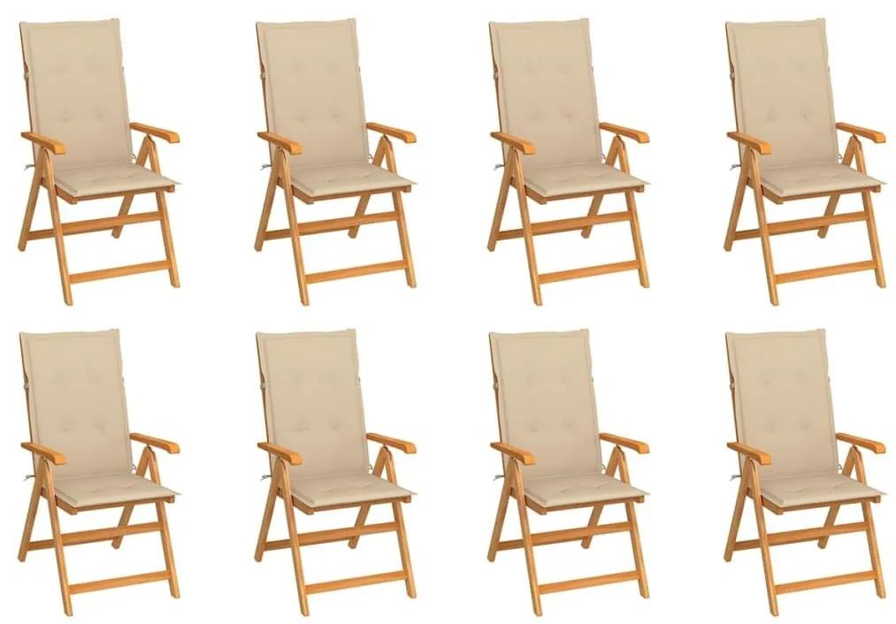 Καρέκλες Κήπου Ανακλινόμενες 8 τεμ. Μασίφ Ξύλο Teak &amp; Μαξιλάρια - Μπεζ