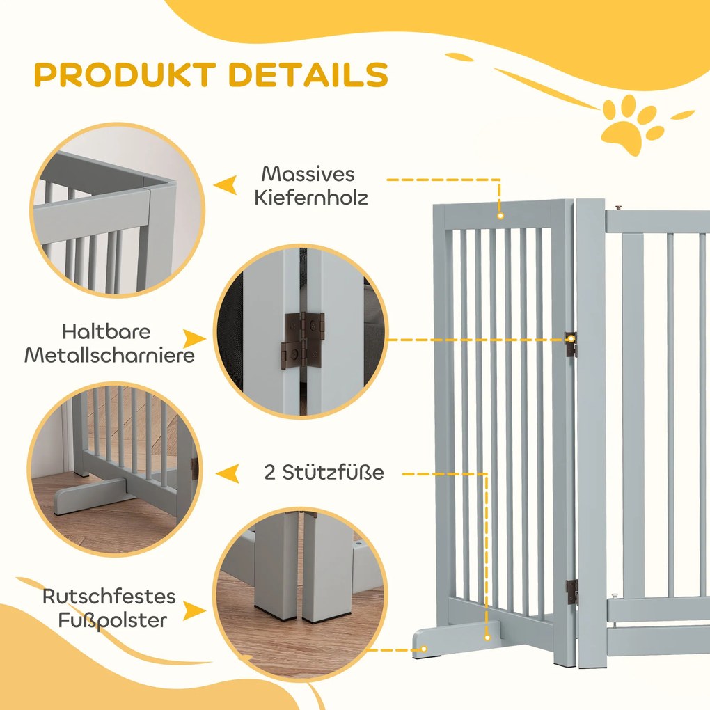 PawHut Αυτόνομο Πάνελ Σκύλου, 4 πάνελ, ευέλικτο, ξύλο πεύκου, 204L x 36W x 75H cm, Ανοιχτό Γκρι