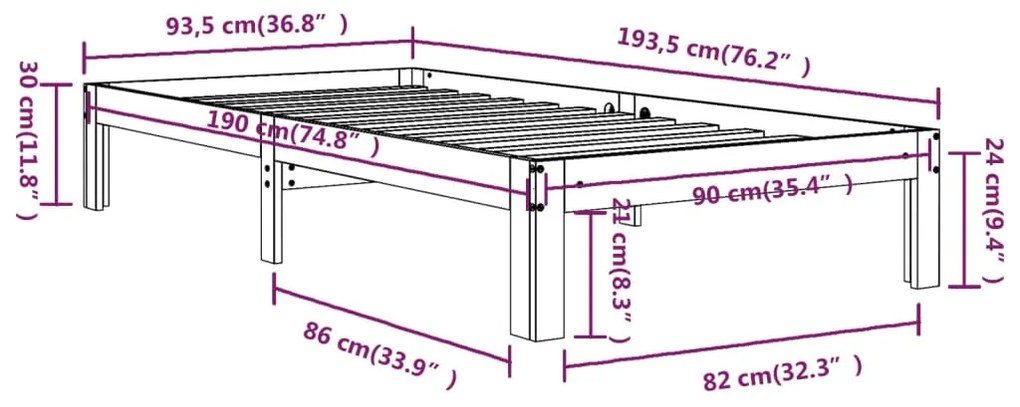 Πλαίσιο Κρεβατιού 90 x 190 εκ. από Μασίφ Ξύλο Single - Καφέ