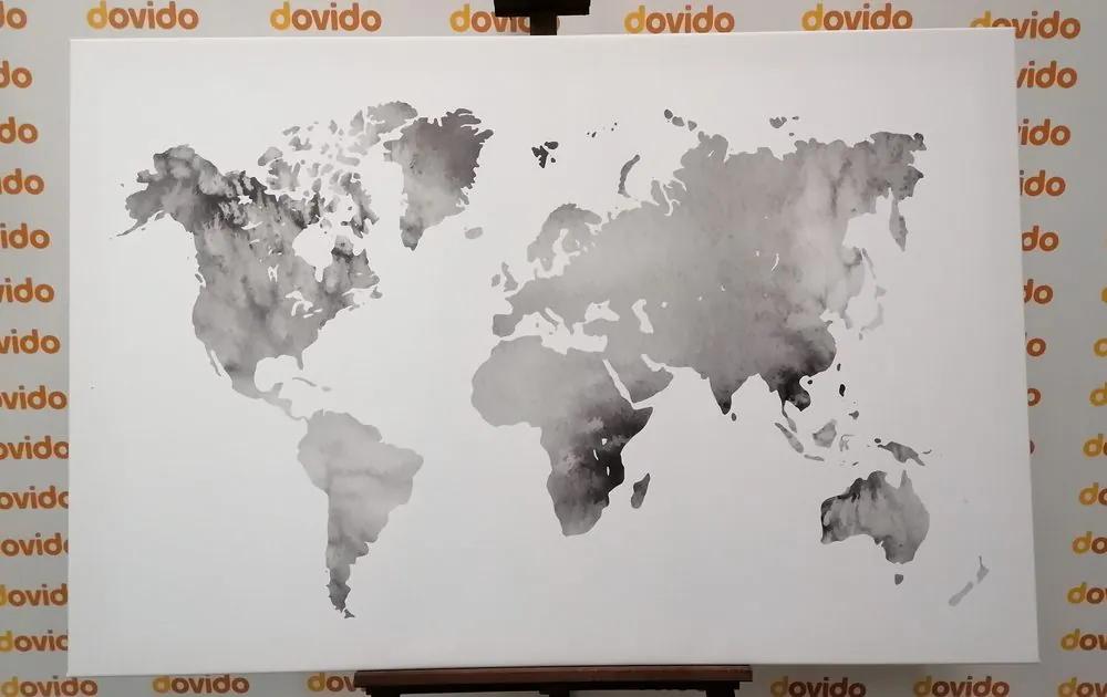 Εικόνα στον παγκόσμιο χάρτη από φελλό σε ασπρόμαυρο σχέδιο ακουαρέλας - 90x60  transparent