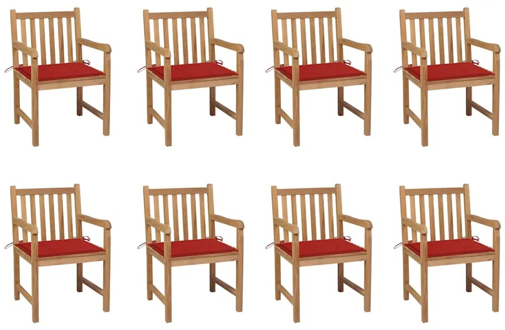 vidaXL Καρέκλες Κήπου 8 Τεμαχίων Μασίφ Ξύλο Teak με Κόκκινα Μαξιλάρια