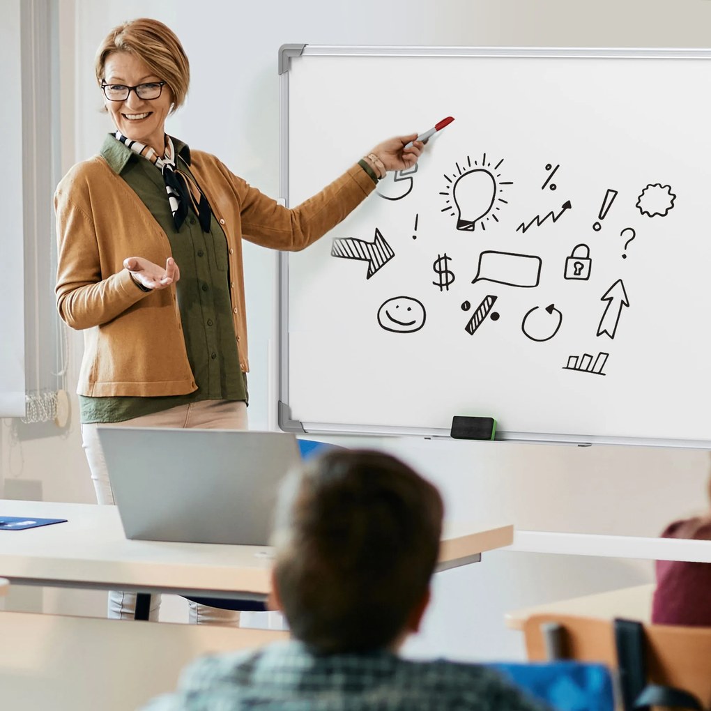 HOMCOM Πίνακας Λευκός, 120 x 90 cm, μαγνητικός, περιστρεφόμενος, κινητός, περιλαμβάνει μαρκαδόρο &amp; σφουγγάρι, μεταλλικό πλαίσιο, Λευκό