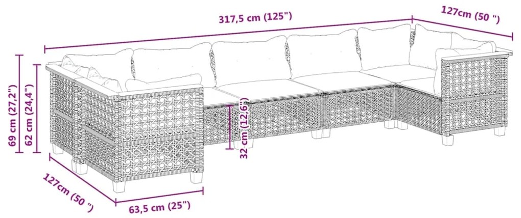 vidaXL Σετ Σαλονιού Κήπου 7 τεμ. Γκρι Συνθετικό Ρατάν με Μαξιλάρια