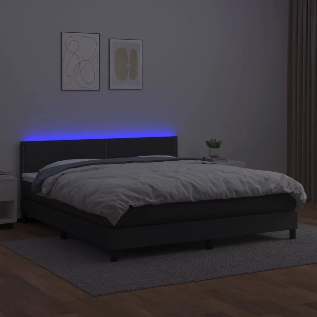 Κρεβάτι Boxspring με Στρώμα &amp; LED Μαύρο 160x200 εκ. Συνθ. Δέρμα - Μαύρο