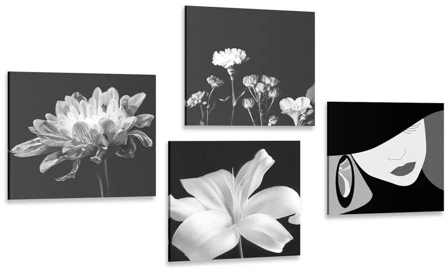 Σετ εικόνων κομψότητας γυναίκας και λουλουδιών σε ασπρόμαυρο σχέδιο