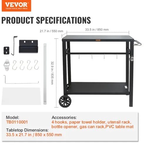 VEVOR Outdoor Grill Dining Cart with Double-Shelf, BBQ Movable Food Prep Table, Multifunctional Iron Table Top, Portable Modular Carts for Pizza Oven, Worktable with 2 Wheels, Carry Handle, Black