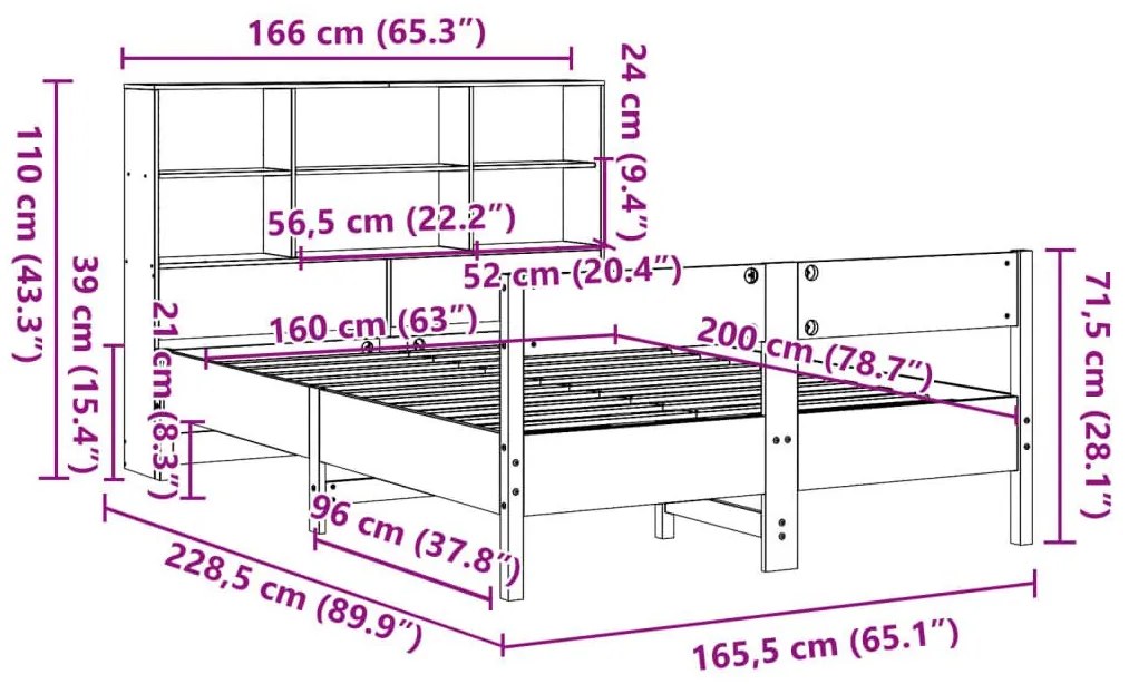 Κρεβάτι Βιβλιοθήκη Χωρίς Στρώμα 160x200 εκ Μασίφ Ξύλο Πεύκου - Καφέ