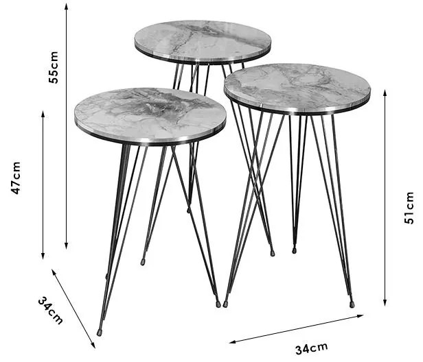 Βοηθητικά τραπέζια Sebastian σετ 3τεμ λευκό γκρι μαρμάρου-μαύρο 34x34x55 εκ.