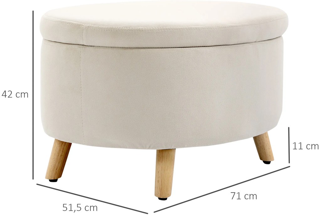 HOMCOM Πάγκος αποθήκευσης, σκαμπό, οβάλ σχήμα, όψη βελούδου, έως 120 kg, 71 x 51,5 x 42 εκ., Μπεζ