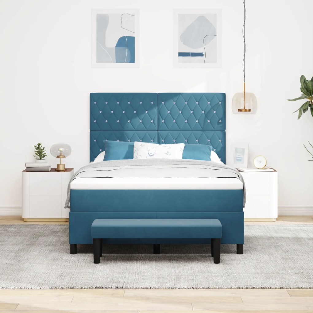 vidaXL Κρεβάτι Box Spring με Στρώμα & Πάγκο Σκούρο Μπλε 160x200 εκ. Βελούδο