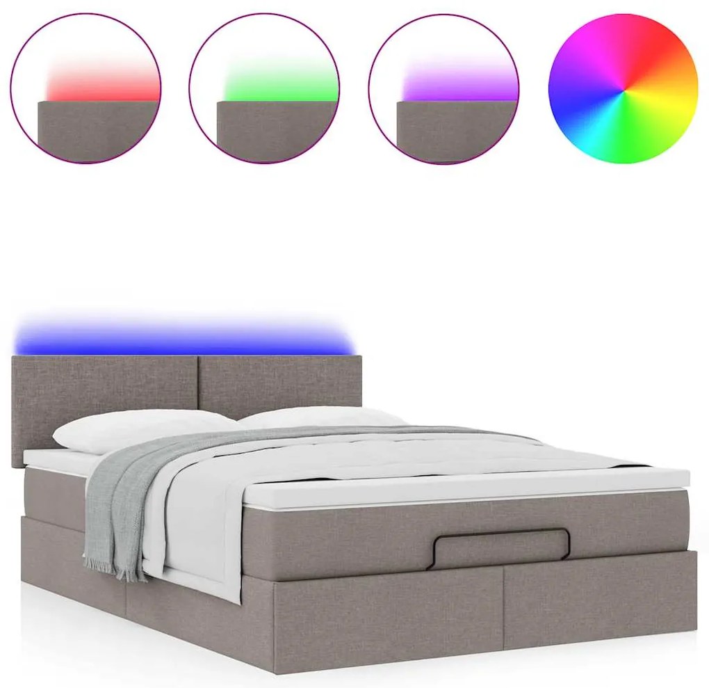 vidaXL Οθωμανικό κρεβάτι με στρώμα & LEDs Taupe 140x200 cm Ύφασμα