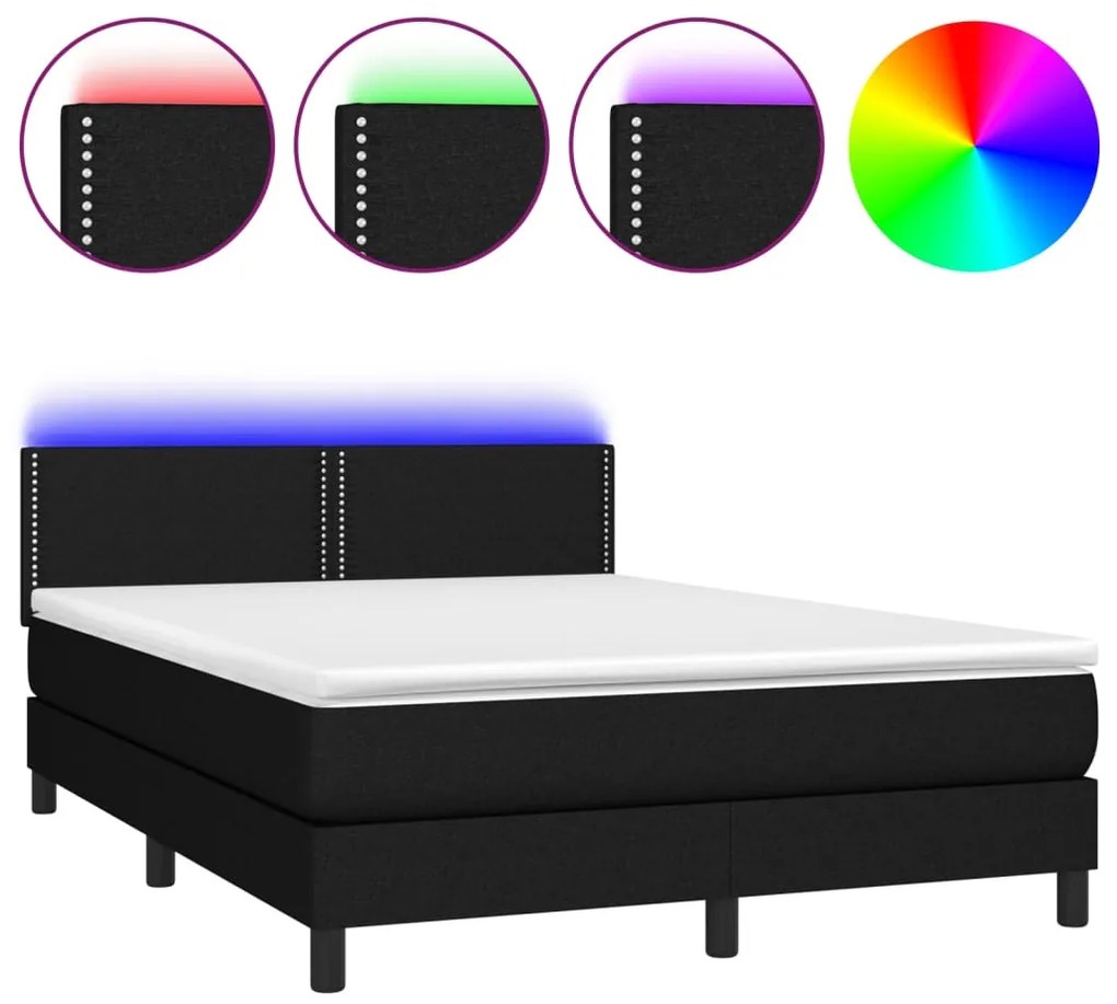 vidaXL Κρεβάτι Boxspring με Στρώμα & LED Μαύρο 140x200 εκ. Υφασμάτινο