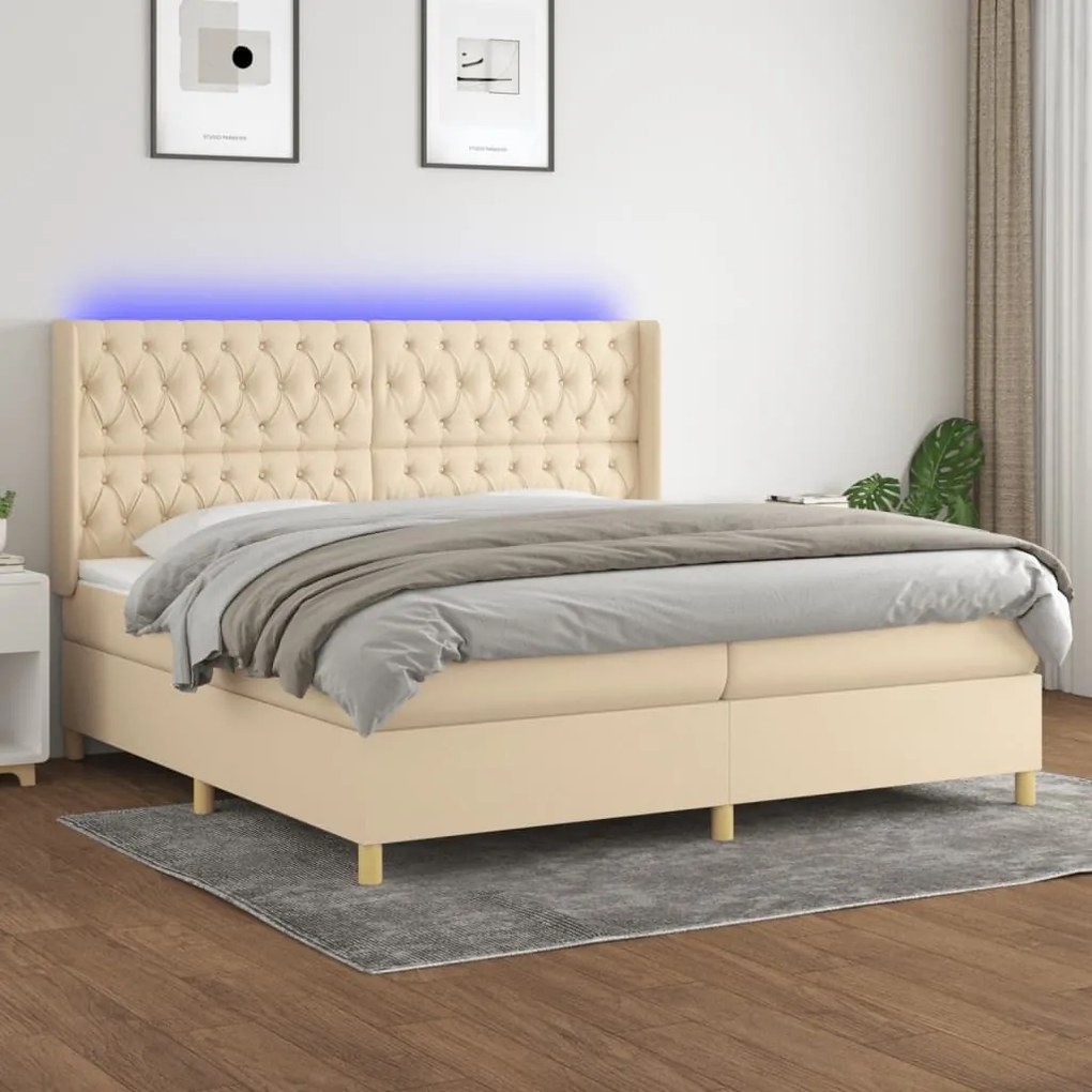 Κρεβάτι Boxspring με Στρώμα &amp; LED Κρεμ 200x200 εκ. Υφασμάτινο - Κρεμ