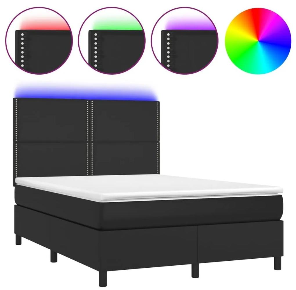Κρεβάτι Boxspring με Στρώμα &amp; LED Μαύρο 140x190 εκ. Συνθ. Δέρμα - Μαύρο