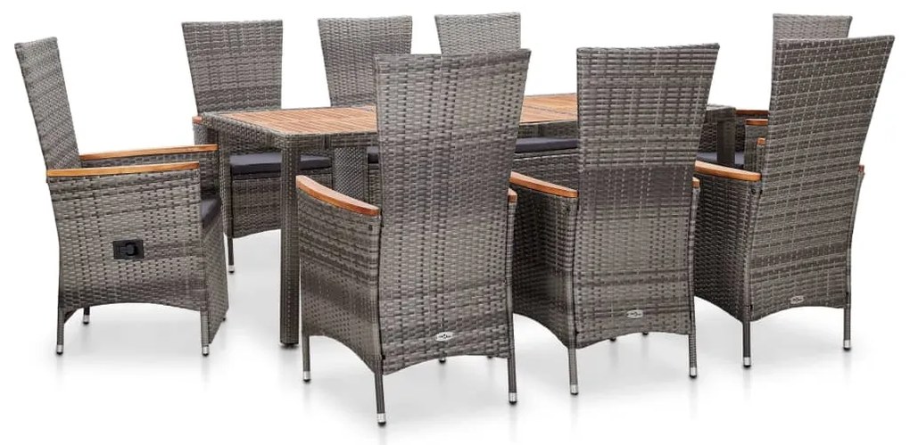 vidaXL Σετ Τραπεζαρίας Εξ. Χώρου 9 τεμ. Γκρι Συνθ. Ρατάν με Μαξιλάρια