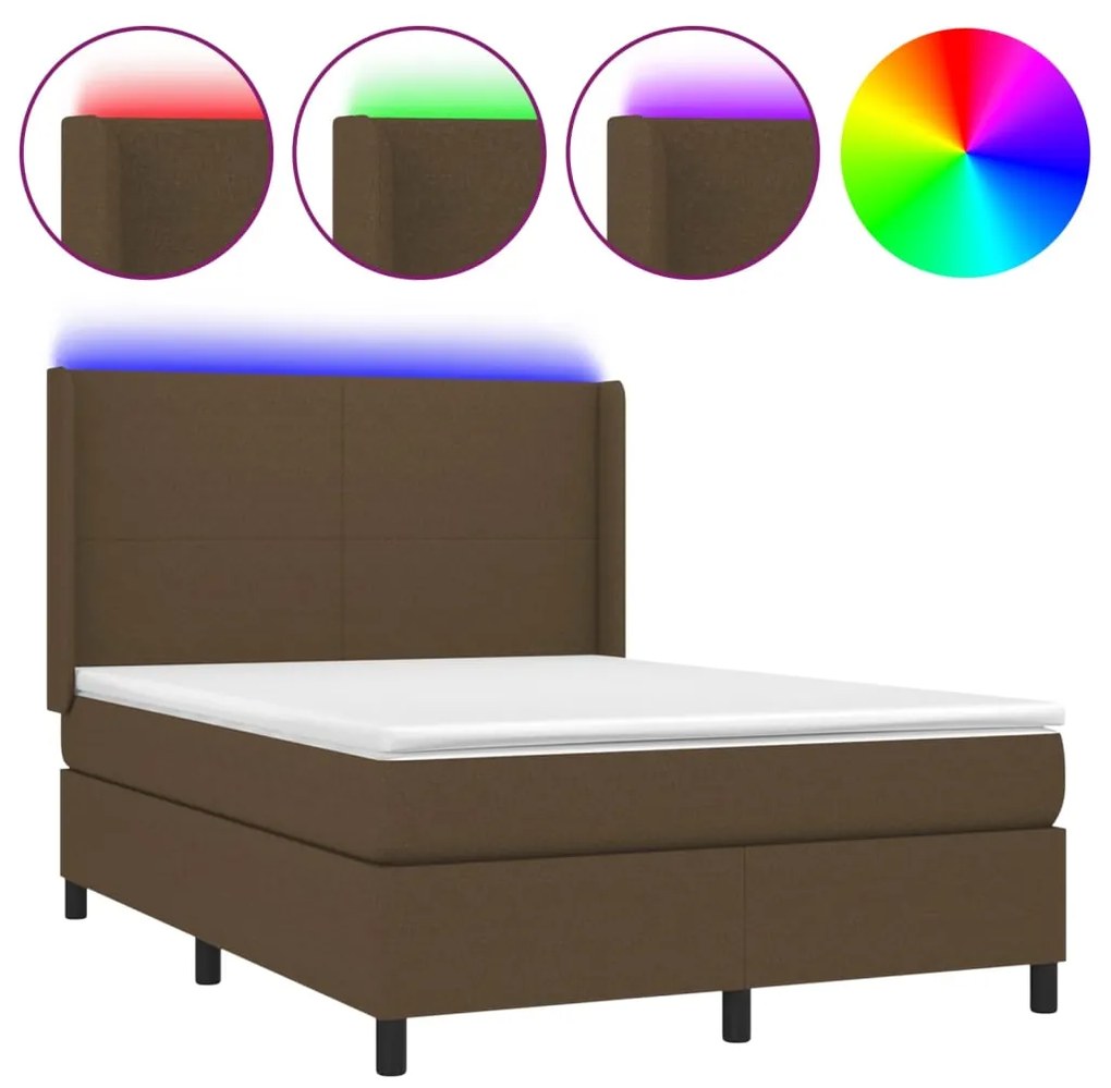 Κρεβάτι Boxspring με Στρώμα &amp; LED Σκ.Καφέ 140x190εκ. Υφασμάτινο - Καφέ