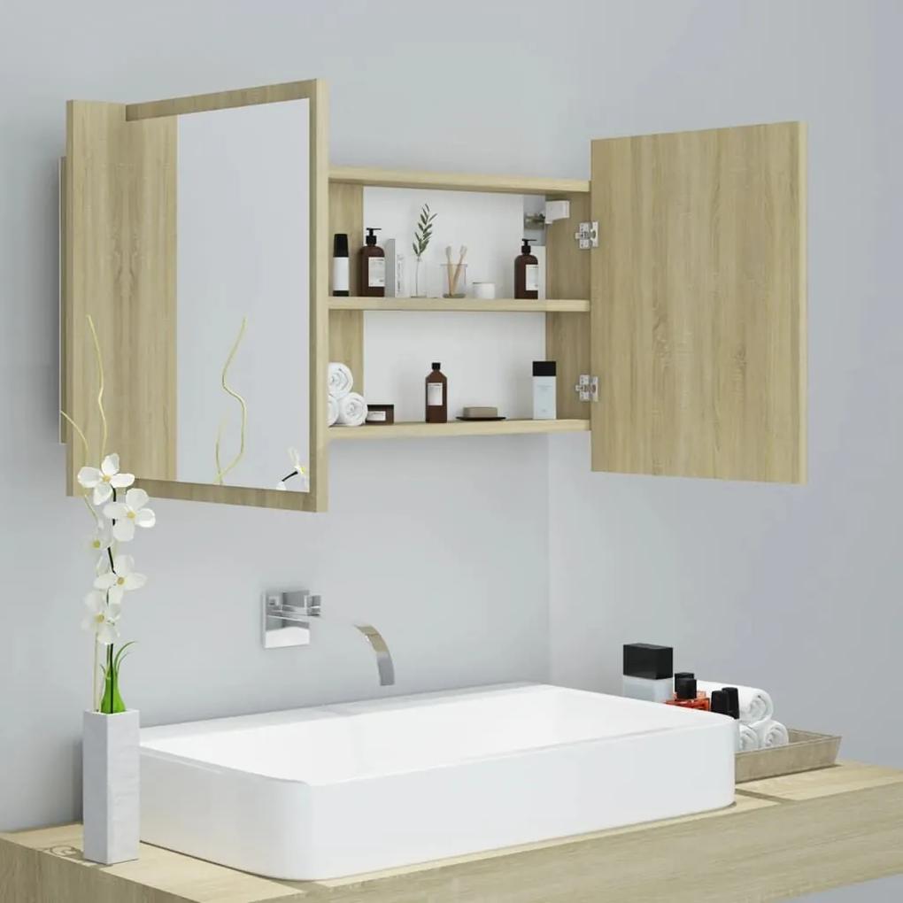 Ντουλάπι Μπάνιου με Καθρέφτη &amp; LED Sonoma Δρυς Ακρυλικός - Καφέ